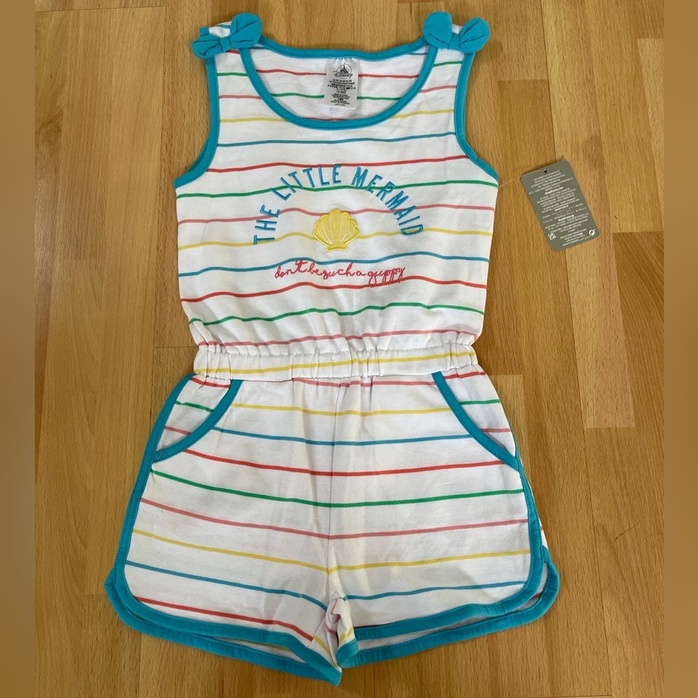 Disney Girl’s The Little Mermaid Striped Embroidered Swimsuit Coverup Romper